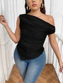 SHEIN Frenchy Áo lưới xếp ly bất đối xứng màu đen dành cho nữ cỡ lớn, phong cách nghỉ dưỡng, thích hợp cho các lễ hội âm nhạc, mang hơi hướng lãng mạn và giản dị kiểu Pháp. - màu đen - Xem 5