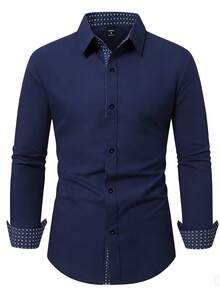 Manfinity Mode Men's Casual Business Long Sleeve Geometric Pattern Patchwork Shirt - Navy Blue - View 3
