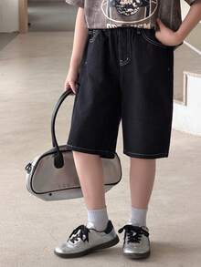 DAZY 青少年男孩字母图案口袋设计宽松百慕大牛仔短裤 - 藍色 - 查看 7