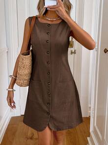 Easowa Đầm ngắn nữ kiểu dáng thường ngày có cúc và túi - màu nâu - Xem 2