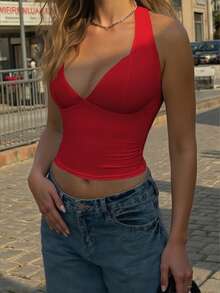 Zyxie Sexy Solid Color Low-Cut Backless Halter Neck Top, Summer - Red - View 4