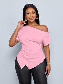SOLERSUN Women's Elegant Asymmetric Neckline Ruched Asymmetric Hem T-Shirt - Baby Pink - View 6