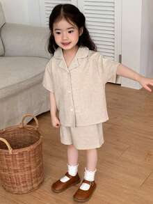 DAZY Baby Girl Comfortable Korean Style Solid Color Collar Shirt 2 Pieces Set - Apricot - View 3