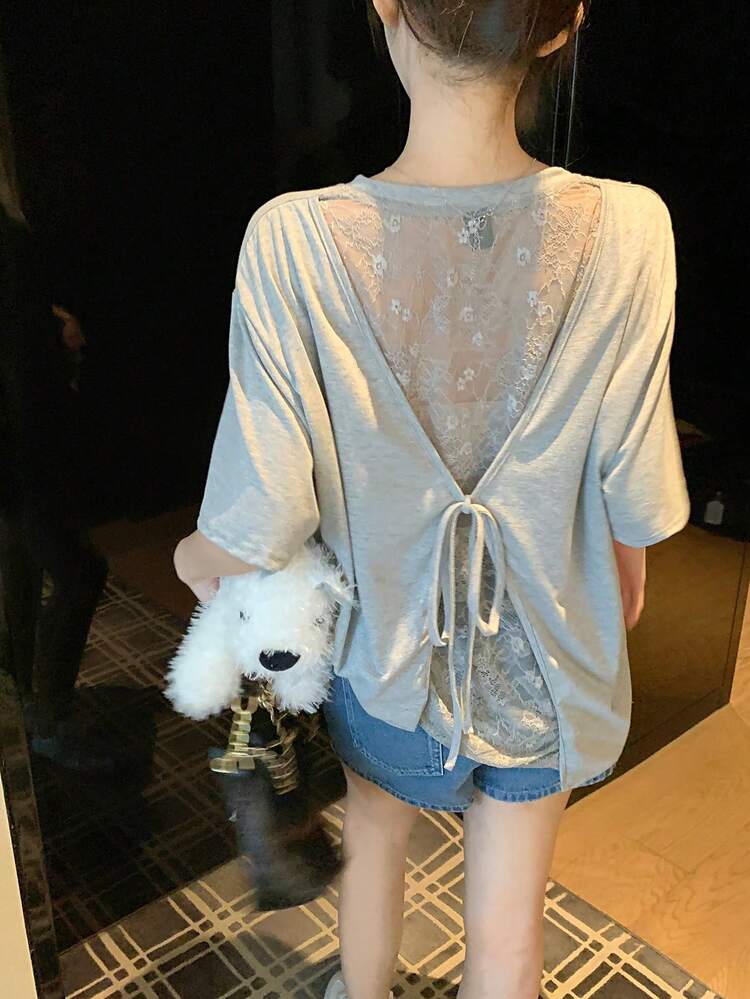 Women's Round Neck Lace Patchwork Casual Tie-Up Short Sleeve T-Shirt Summer