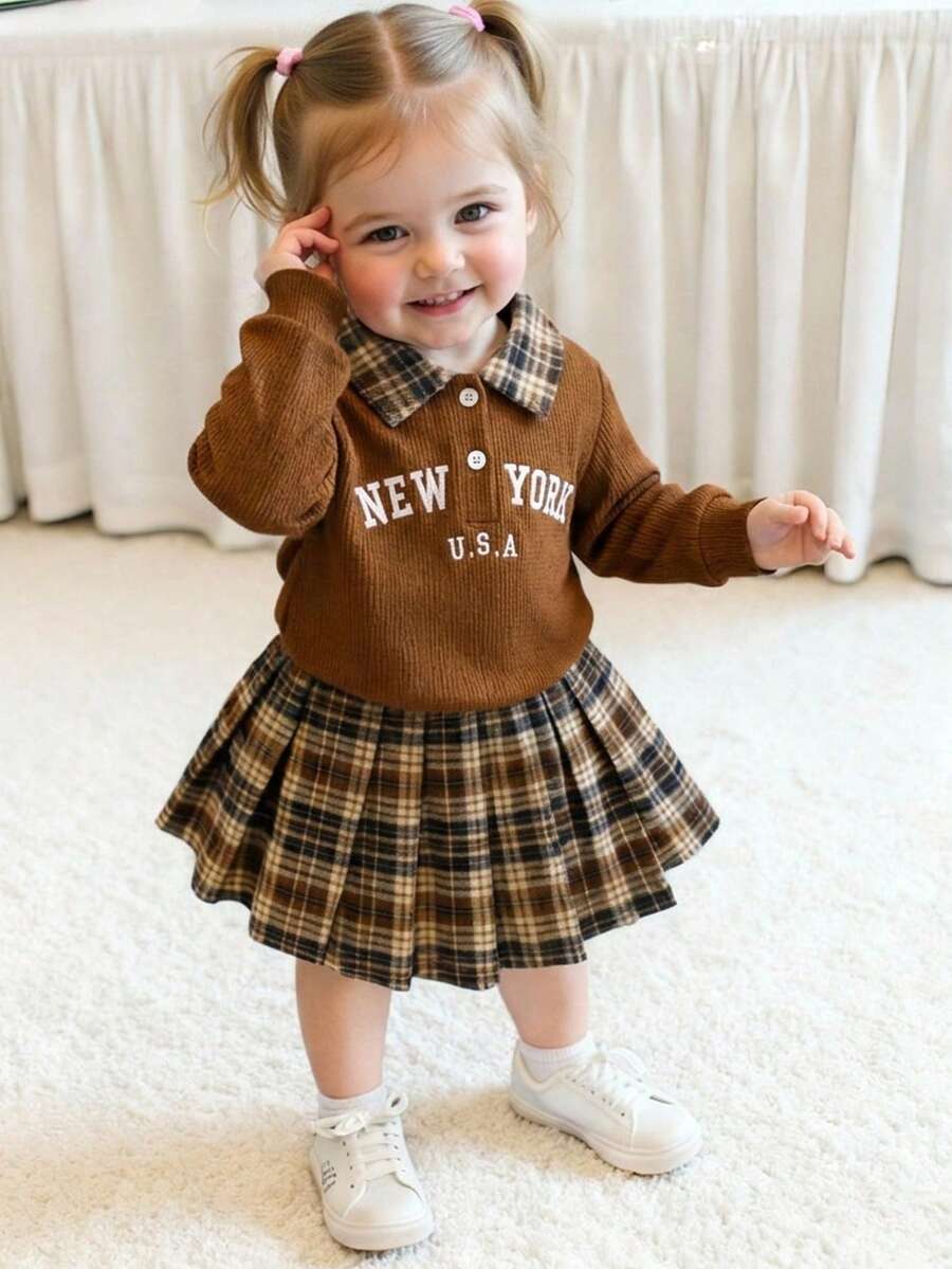 Elladie kids 可愛嬰幼兒 0-3歲棕色格紋秋季上學套裝復古字母刺繡長袖裙組 - 棕色 - 查看 1