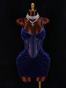 Amplova Gaun Mini Korset Renda Kontras Beludru Biru Tua Wanita, Gaun Malam Elegan dengan Tali Bahu Tipis dan Hiasan Ruffle, Pakaian Pesta Techno Rave Musim Gugur untuk Pernikahan - Navy Blue - View 6