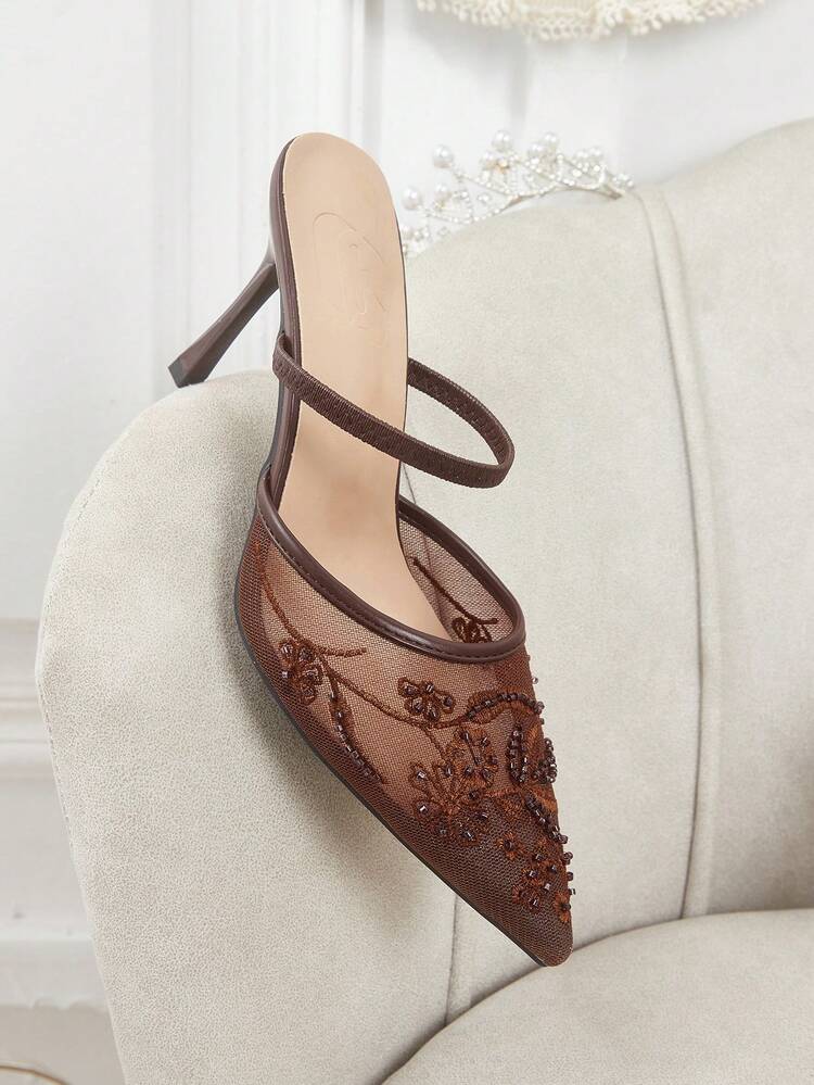 CUCCOO HITCHD Women Fashion Elegant Commuter Mesh Embroidery Embroidery Beads Pointed Stiletto High Heel Shoes Pumps