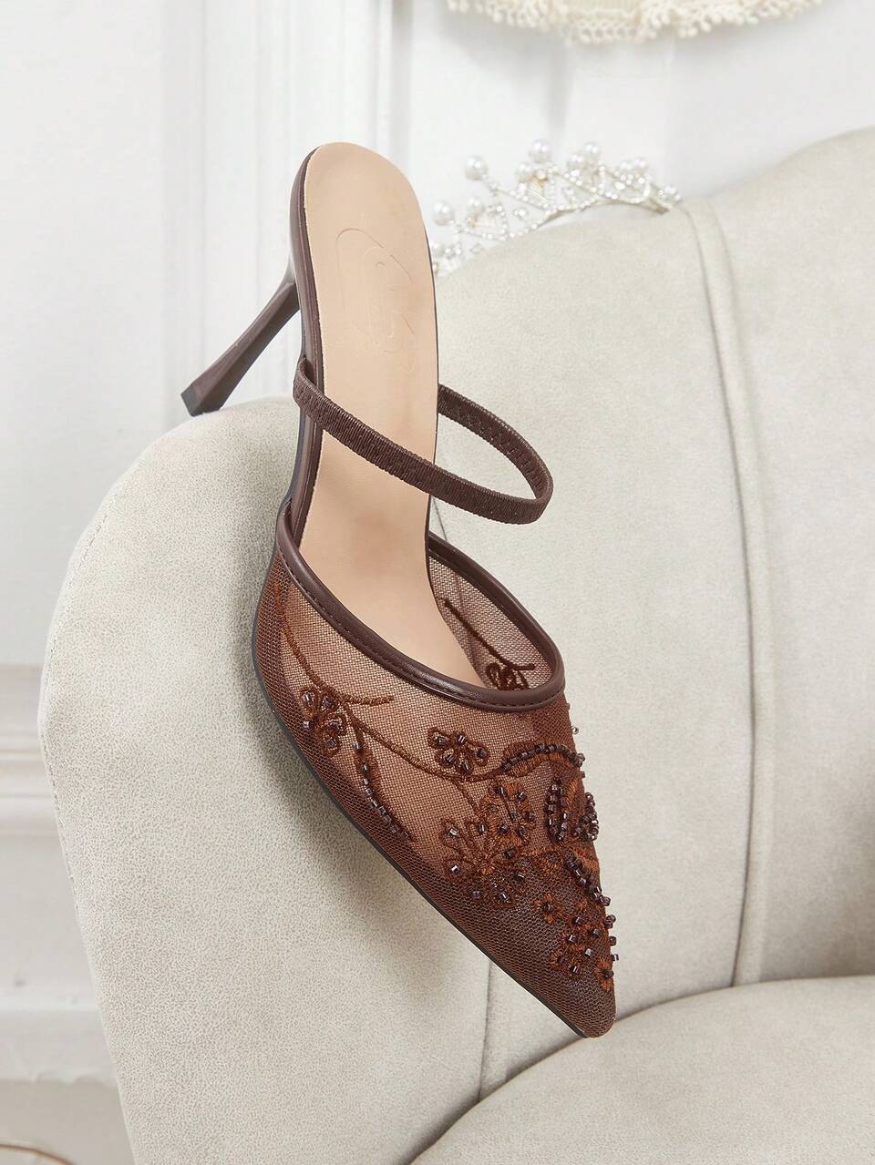 CUCCOO HITCHD Women Fashion Elegant Commuter Mesh Embroidery Embroidery Beads Pointed Stiletto High Heel Shoes Pumps