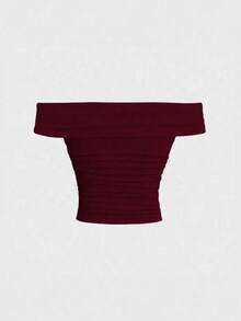 Sweetra Women's Summer Solid Color Burgundy Red Ruched Slim Fit Off Shoulder T-Shirt Top Y2K  - Red Violet - View 2