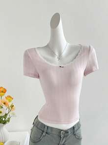 Women's Casual Pink Heart Striped Ruffle Floral Short Sleeve T-Shirt, Sweet And Versatile For Daily Wear, Summer - Baby Pink - View 4