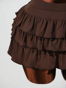 SaltGleam SaltGleam 性感优雅度假风露背系带荷叶边上衣和迷你裙两件套 - 棕色 - 查看 5
