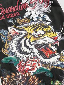 ROMWE Đầm siêu ngắn nữ phong cách Y2K cổ yếm phối ren tương phản hình hổ, thư pháp Trung Quốc, hoa mai và khẩu hiệu thực vật. - màu đen - Xem 4