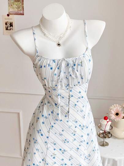 Comfortcana 2026 Spring/Summer New Women's Blue Textured Floral Suspender Pleated Strap Dress,Easter,Festival,Party,Beach,Wedding, Graduation,Going Out,Prom,Birthday,Elegant, Vacation,Casual, Luxury,Sports, Formal