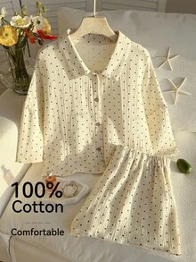Comfortcana 2pcs/Set Women's Polka Dot 100 Percent Cotton Shirt And Shorts Outfit,Plus Size Beige Summer Smart Casual Everyday Holiday Comfortable Clothes - Multicolor - View 4