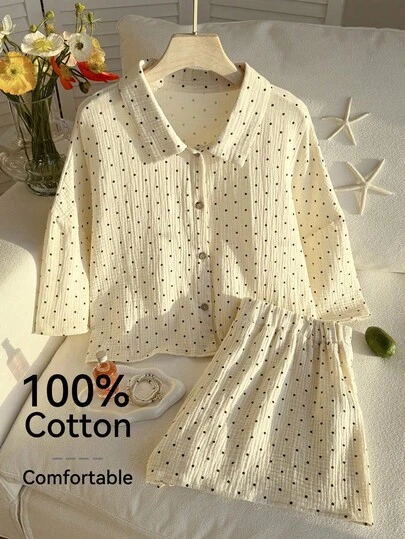 Comfortcana Set de 2 piezas de camisa y pantalones cortos de algodón y lino con estampado de lunares, conjunto casual de vacaciones, talla grande