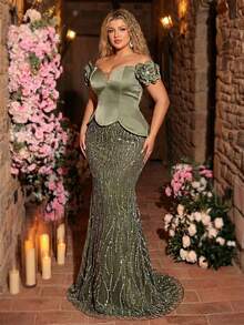 Glamrae 大码优雅深绿色露肩夸张3D花卉网纱不对称腰身缎面拼接珠饰亮片美人鱼礼服，适合约会、度假、单身派对、节日、婚礼、正式场合 - 綠色 - 查看 5