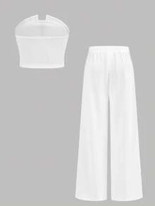 Serisse Kids Bộ đồ hai mảnh màu trắng thanh lịch dành cho bé gái tuổi teen, gồm áo croptop không dây bất đối xứng và quần ống đứng cạp cao có gọng giả. - trắng - Xem 5