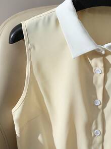 Franclia 法式优雅衬衫领褶皱下摆黄色女士夏季上衣 - 淡黃色 - 查看 3