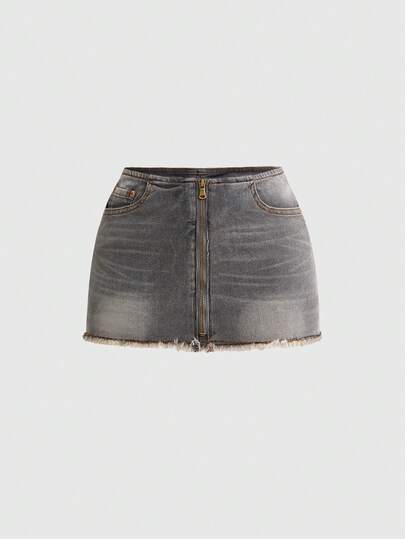 ROMWE Avant Vintage Washed Gray Denim Front Zipper Closure Women Denim Mini Skirt