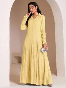 Veilorie Conservative Casual Ruched Sleeve Dress, Women's Arabic Style Long Dress - Yellow - View 6