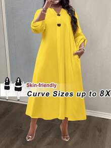SHEIN CURVE+ فستان كاجوال فضفاض بياقة على شكل حرف V وأكمام ملفوفة للنساء ذوات الأحجام الكبيرة، لحفلات الموسيقى والعطلات الشاطئية والطراز البوهيمي، بلون أحادي - أصفر - مشاهدة 1