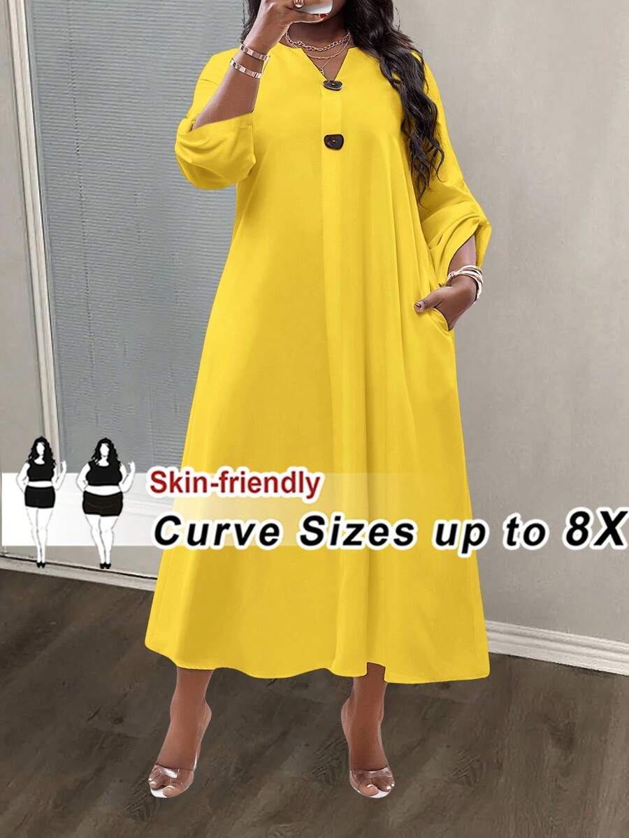 SHEIN CURVE+ فستان كاجوال فضفاض بياقة على شكل حرف V وأكمام ملفوفة للنساء ذوات الأحجام الكبيرة، لحفلات الموسيقى والعطلات الشاطئية والطراز البوهيمي، بلون أحادي - أصفر - مشاهدة 1