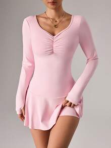 Dewbera Women's Casual Solid Color Ruched Bust Open Back Sports Jumpsuit - Pink - View 5