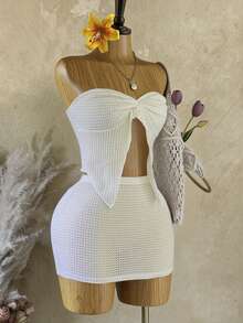INAWLY Women's 2 Pieces Set: Bandeau Top And Mini Skirt, Suitable For Beach Golf Vacation In Spring/Summer White Sexy - Multicolor - View 4