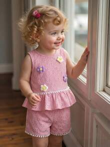 SHEIN 女婴夏季新款3D立体针织提花荷叶边下摆背心搭配波点花卉边饰阔腿短裤套装，适合休闲、度假、甜美可爱的场合。 - 粉色 - 查看 3