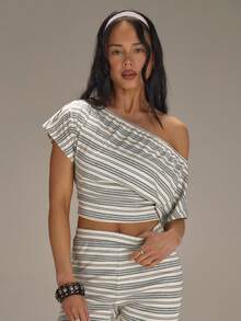 Athîral Women's Casual Striped Off-Shoulder Short Sleeve T-Shirt - Multicolor - View 7