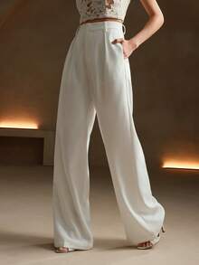 Anewsta Petite 优雅时尚的白色直筒褶裥口袋裤，适合娇小身材，秋冬春夏四季，新年、派对、婚礼等场合皆宜，尽显优雅、时尚、别致、商务休闲风。 - 白色 - 查看 6