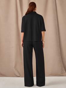 SHEIN Solid Drop Shoulder Button Front Shirt & Wide Leg Pants Set – Effortless Chic Co-Ords - Black - View 2