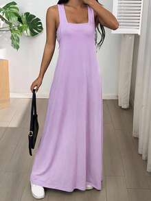 SHEIN EZwear Women's Purple Asymmetric Neckline Sleeveless Casual Dress, Built-In Bra, Summer Dress, Purple Vacation Dress, Purple Summer Dress, Casual Purple Dress - Purple - View 5