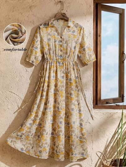 Rusticease Women's Waist Tie Front Button Ditsy Floral Maxi Casual Dress,  Summer Dress Spring Dress Women Spring Dress Women Light Yellow Elegant Dresses For Party Vacation Outfits Women Casual Graphic Dresses For Women Formal Dress