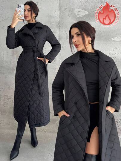 Firerie Women's Casual Everyday Commute Street Fashion Urban Chic Comfortable Turndown Collar Belt Double-Breasted Pocket Quilted Mid-Length Black Padded Coat, Autumn Winter Clothes For Women,Women's Winter Clothes  Fashion Clothing Street Chic Old