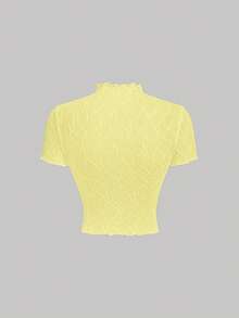 SHEIN MOD Pale Yellow Textured Knit Sheer Women's Solid Color Stand Collar Short Sleeve T-Shirt,Summer Top - Light Yellow - View 2
