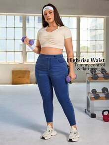Flexra Pantalones pitillo de cintura alta y elástica de unicolor para tallas grandes - Azul lavado medio - Ver 6