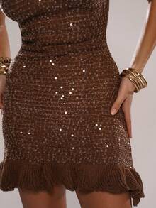 Silquee SHEIN BAE Women's Sequin Fashionable Date Night Party Knit Camisole Dress,Spring/Summer New Arrival: Brown Shimmering Sequined Embroidered Ruffled Hem Dress. Perfect For Beach Vacations, Beach Trips, Beach Parties, Dates, Nightclubs, Picnics, Parties, Music Festivals, Brunch, And Other Occasions. - Coffee Brown - View 6