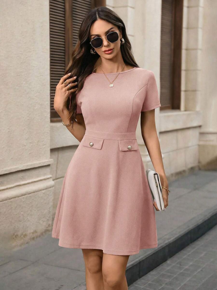 EMERY ROSE Women's Elegant Solid Color Waist Cinched Short Dress, Summer Pink Women Dresses Casual - Dusty Pink - View 1