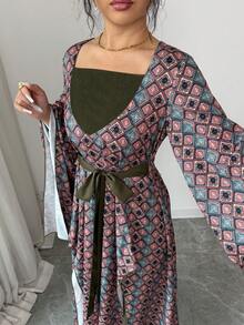 Elenzga Vestido de estampado de estilo vacacional con parche de cuello y cinturón de color contrastante para mujer - Multicolor - Ver 4