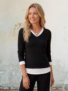 EMERY ROSE Women's Contrast Color V-Neck Long Sleeve Ribbed Casual T-Shirt Long Sleeve Black Top Women Long Sleeve Tops - Black - View 5