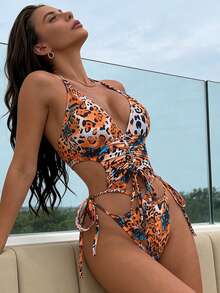 Swim SXY Women's Sexy Leopard Print Halter One-Piece Bikini, Spring/Summer - Multicolor - View 1