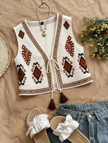 Franclia Plus Size Women Summer Bohemian Ivory Printed Sleeveless Jacket - Beige - View 6