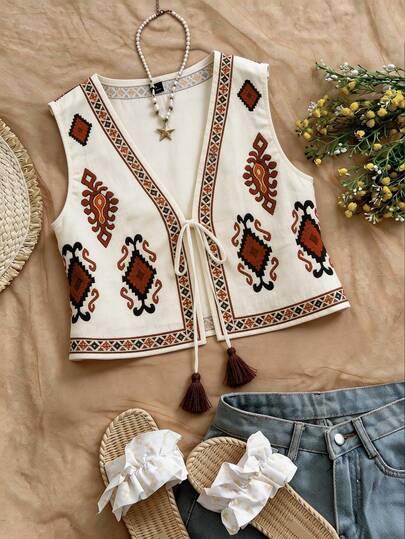 Franclia Plus Size Dam Sommar Bohemisk Elfenbensmönstrad Ärmlös Jacka