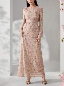 Veilorie Women's Elegant Floral Print Top And Skirt 2-Piece Set For Party - Brown - View 8