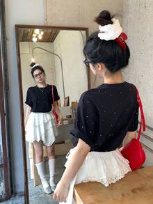 DAZY Women's Rhinestone Embellished Round Neck Short Sleeve Comfortable Cotton T-Shirt Summer School - Black - View 9