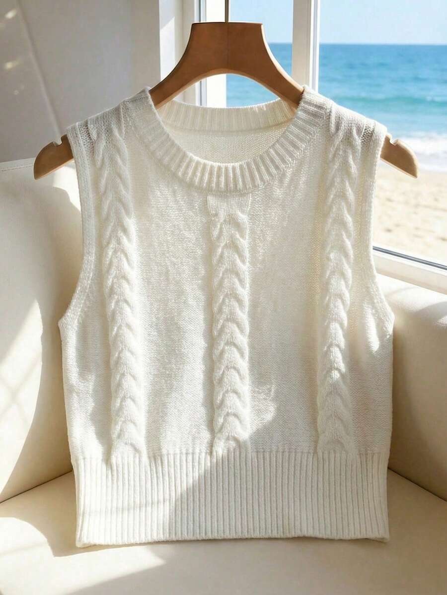 Franclia Fashionable Lazy 3D Twist Floral Pattern Cropped Sleeveless Knit Tank Top, Spring/Summer - White - View 1