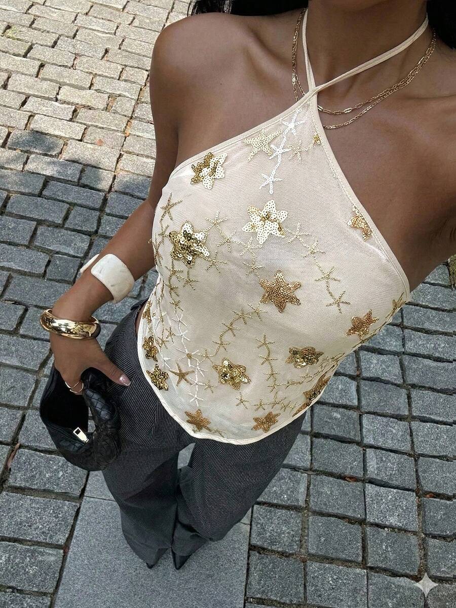 Siren Gaze 女士性感亮片刺绣露背吊带上衣，夏季 - 杏色 - 查看 1