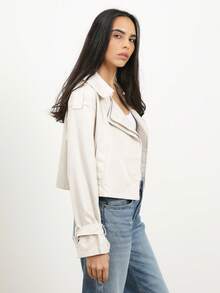 KSTM Áo khoác dáng ngắn hai hàng cúc dành cho nữ, cổ ve áo và thắt lưng, kiểu dáng blazer nhẹ, thích hợp cho mùa xuân thu. - Màu Khaki - Xem 5