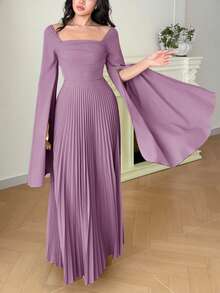 Modelyn Vestido de mujer de unicolor con cintura fruncida y abertura lateral, elegante para fiestas y eventos - Rosa vieja - Ver 3